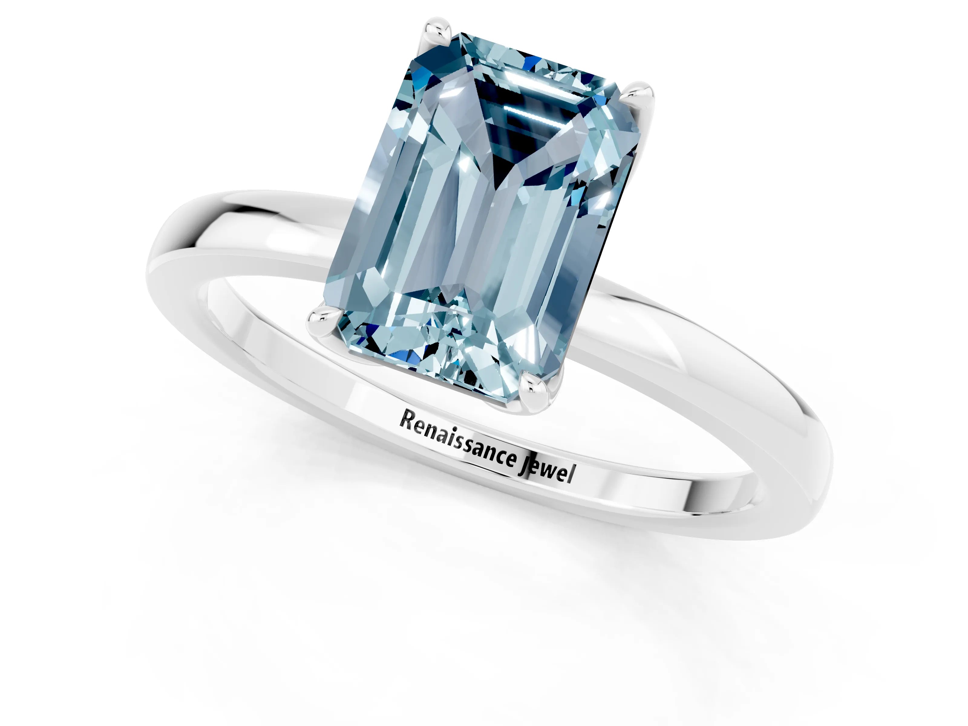 White gold Emerald Cut Solitaire Diamond Ring with Thin Band and Four-Prong Setting_1