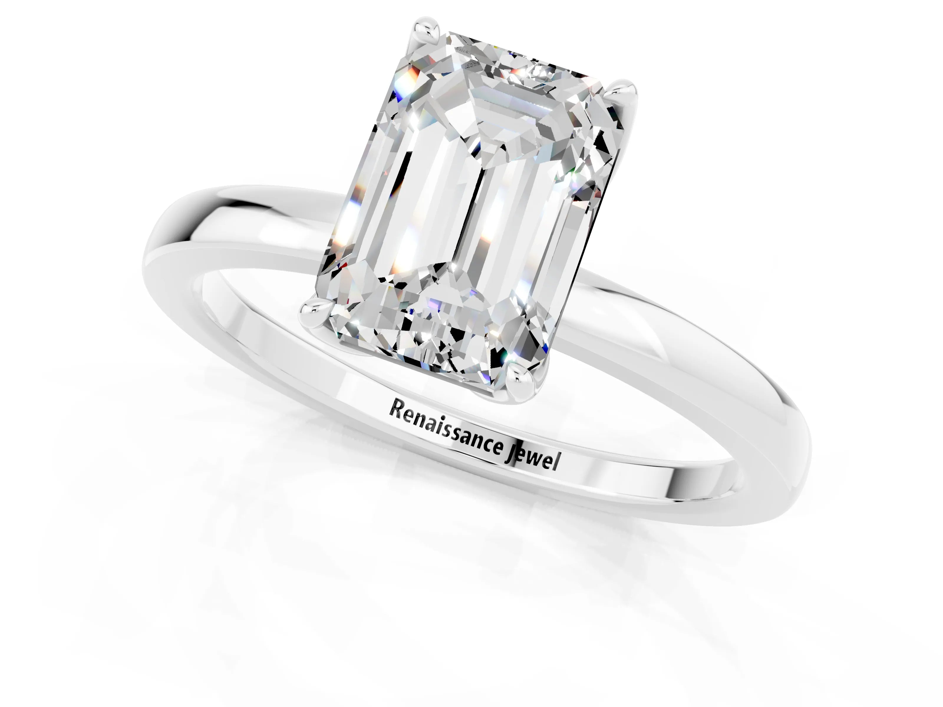 White gold Emerald Cut Solitaire Diamond Ring with Thin Band and Four-Prong Setting_1