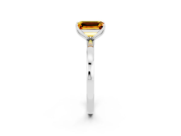 White gold Emerald Cut Citrine Solitaire Ring with Thin Band and Prong Setting