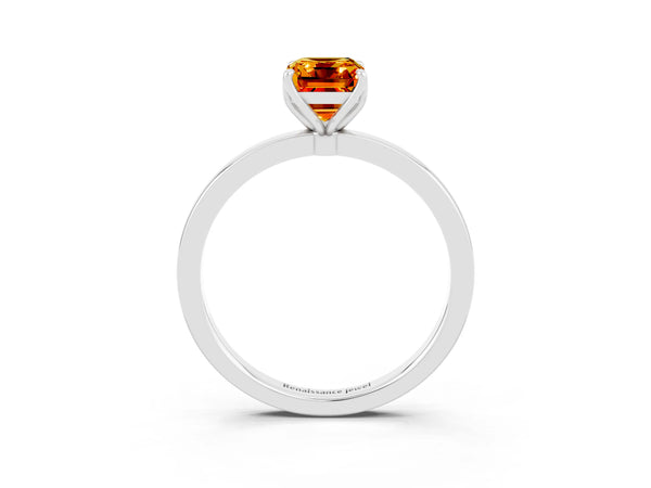 Silver Emerald Cut Citrine Solitaire Ring with Thin Band and Prong Setting