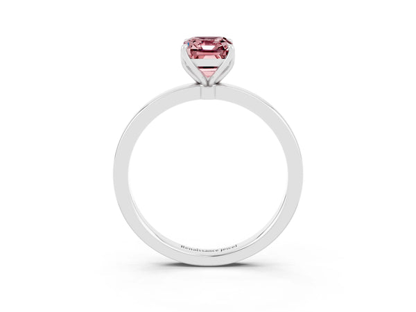 Silver Emerald Cut Solitaire Diamond Ring with Thin Band and Four-Prong Setting