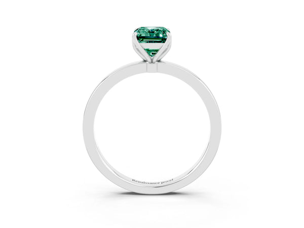Platinum Emerald Cut Green Sapphire Solitaire Ring with Thin Band and Prong Setting