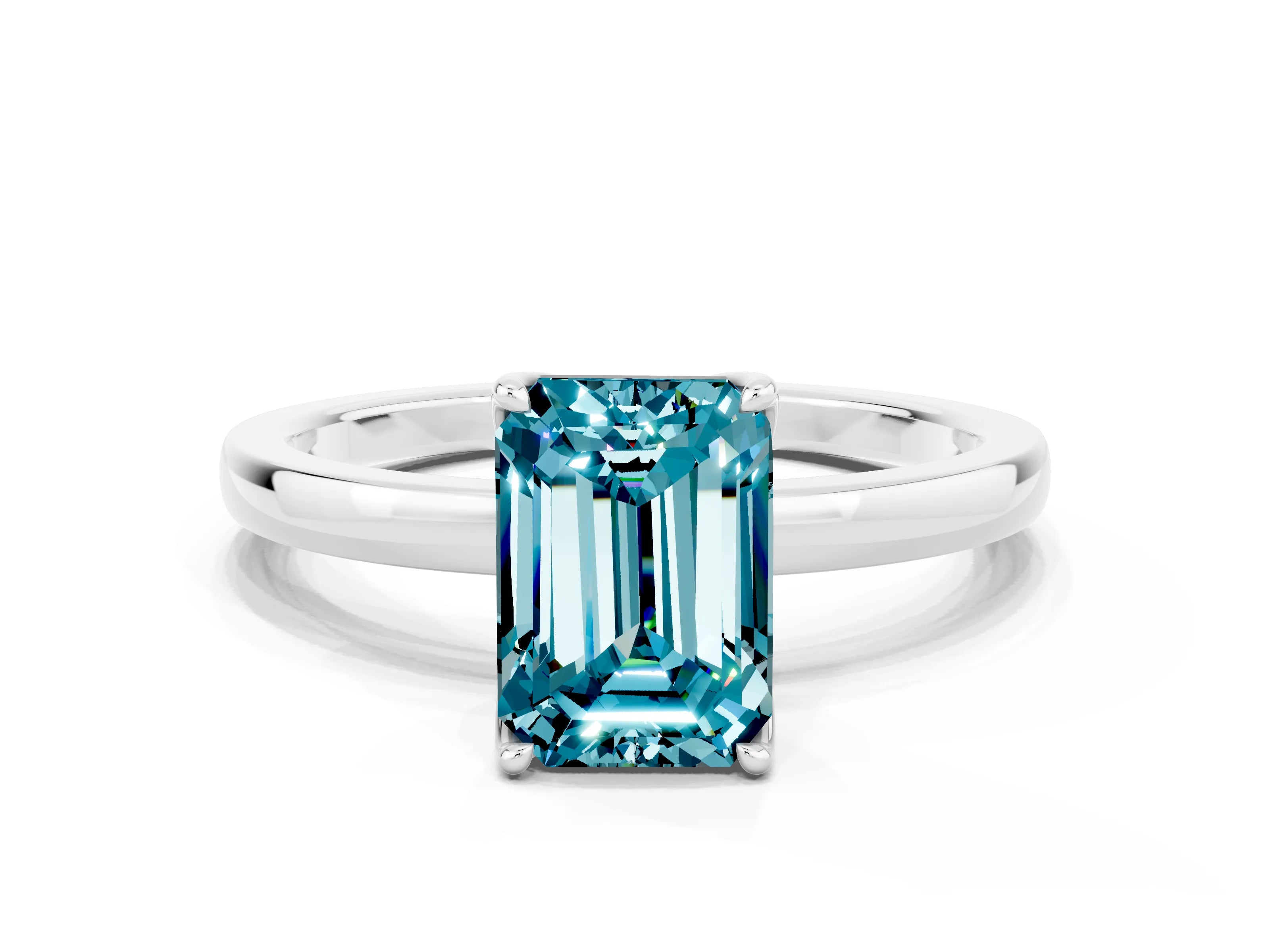 White gold Emerald Cut Solitaire Diamond Ring with Thin Band and Four-Prong Setting