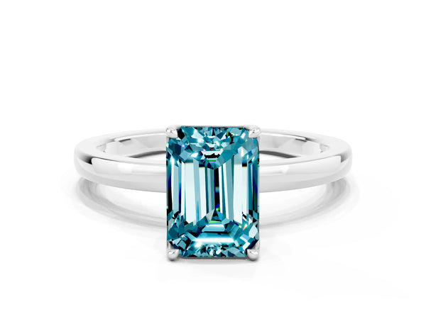 Platinum Emerald Cut Solitaire Diamond Ring with Thin Band and Four-Prong Setting