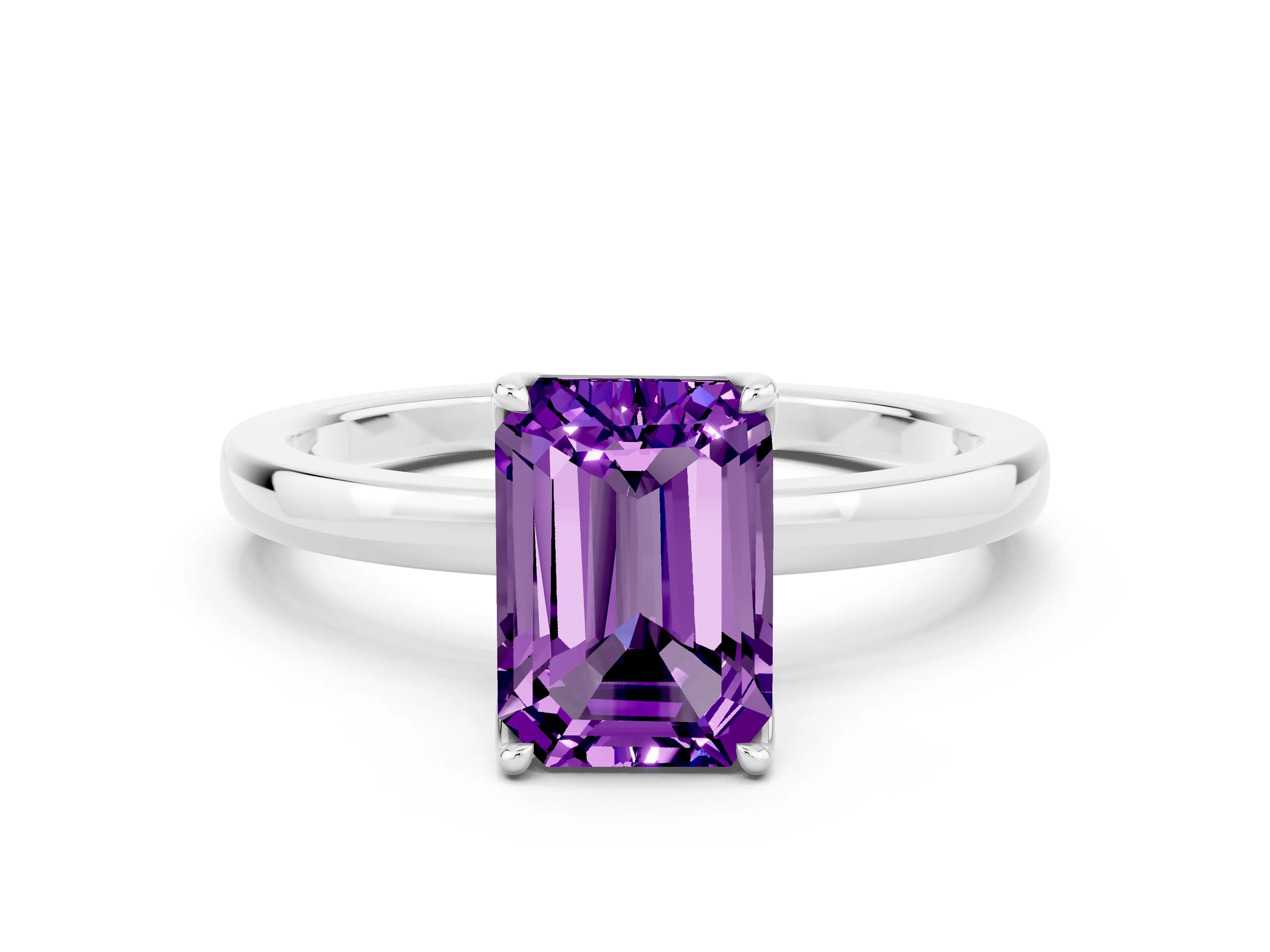 White gold Emerald Cut Solitaire Diamond Ring with Thin Band and Four-Prong Setting