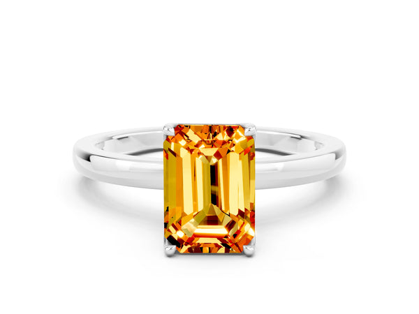 White gold Emerald Cut Citrine Solitaire Ring with Thin Band and Prong Setting