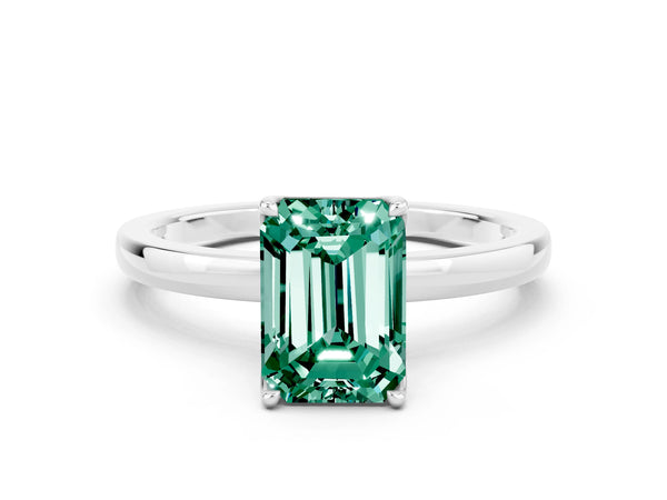 Silver Emerald Cut Green Sapphire Solitaire Ring with Thin Band and Prong Setting