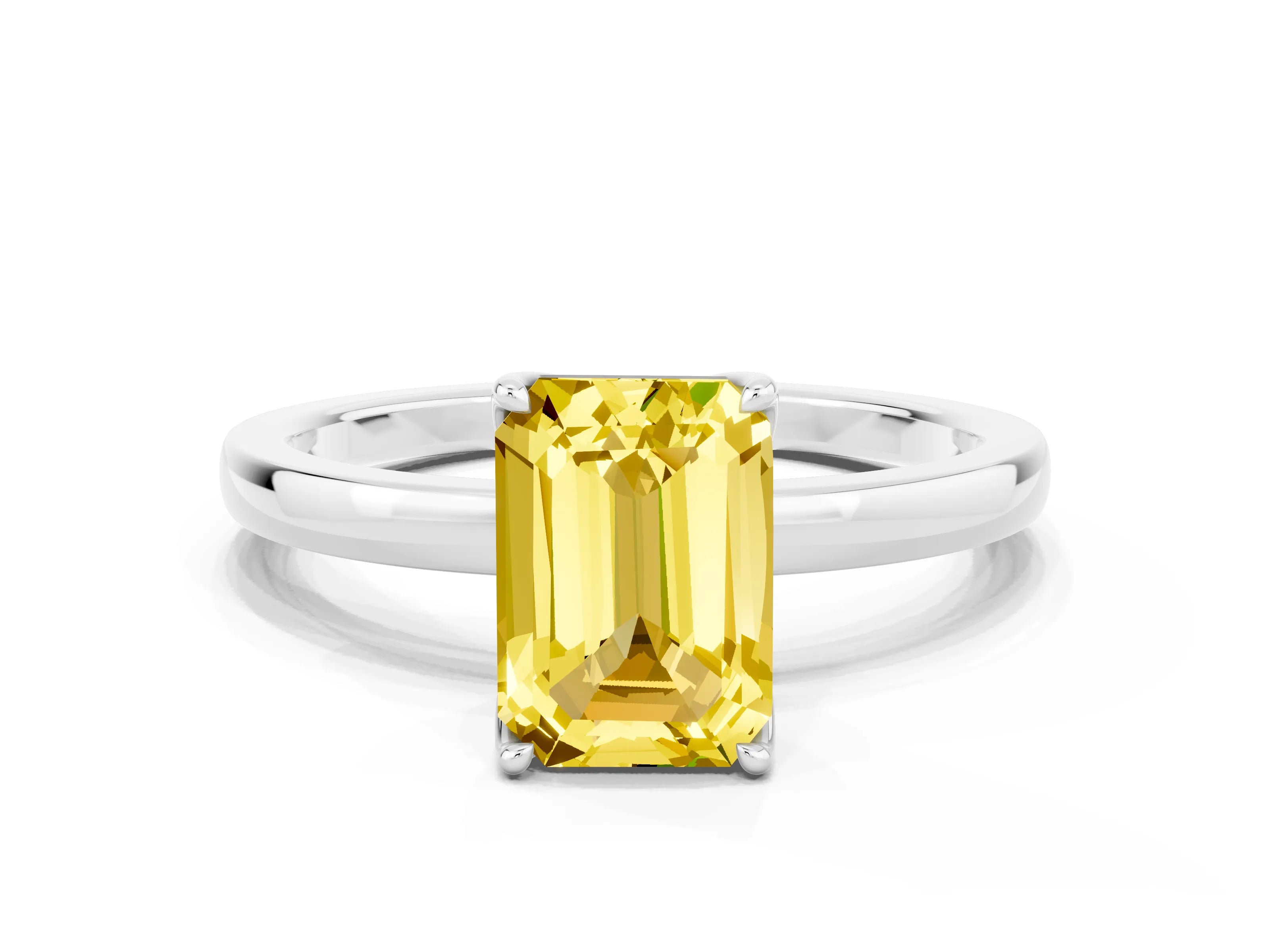 White gold Emerald Cut Solitaire Diamond Ring with Thin Band and Four-Prong Setting