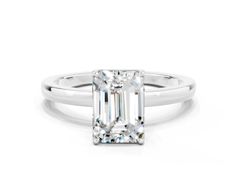 White gold Emerald Cut Solitaire Diamond Ring with Thin Band and Four-Prong Setting