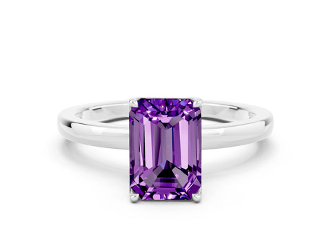 White gold Emerald Cut Solitaire Diamond Ring with Thin Band and Four-Prong Setting