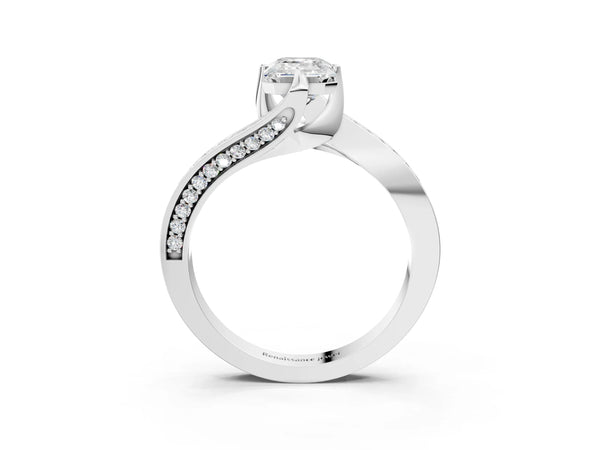 White Gold Emerald Cut Bypass Solitaire Engagement Ring Setting with Swirl Pave Band