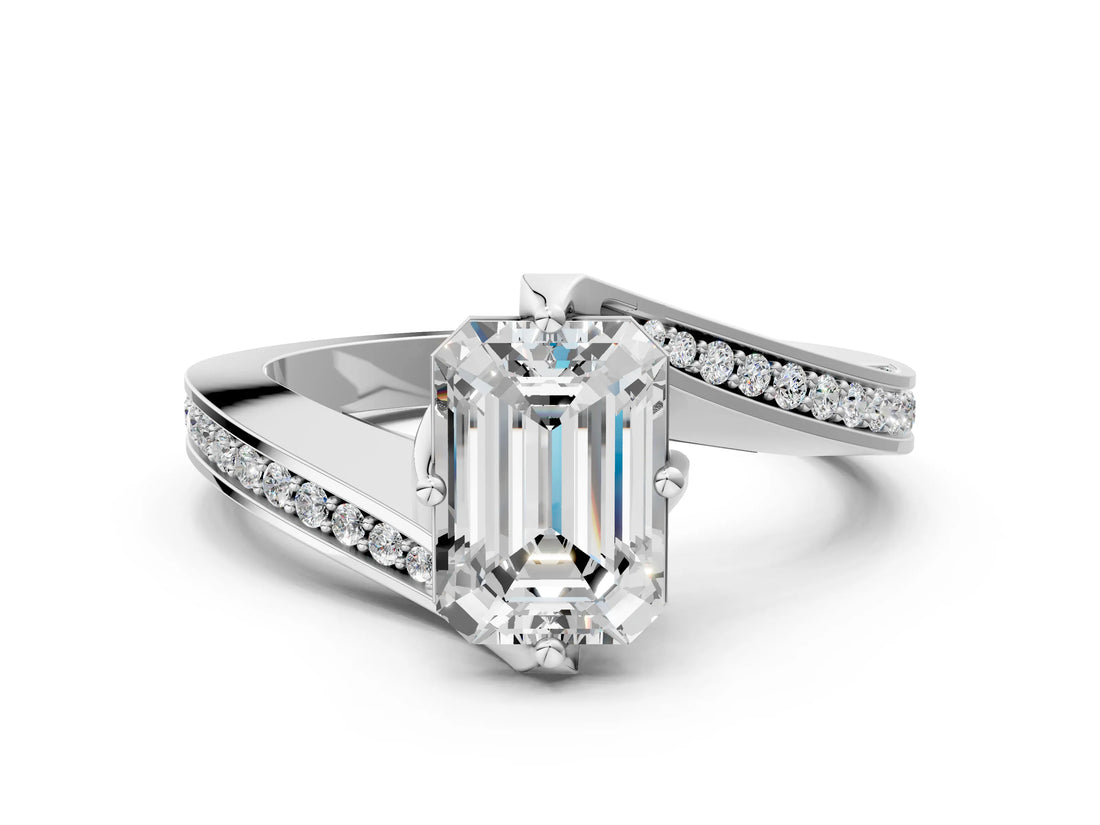White gold Emerald Cut Solitaire Diamond Twist Band with Pavé Setting and Four-Prong Setting_7