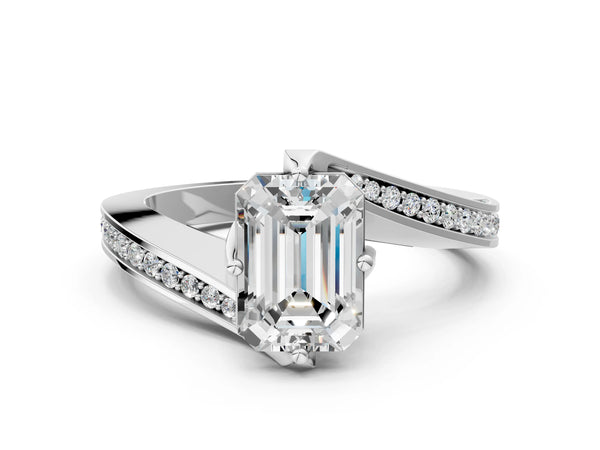 White Gold Emerald Cut Bypass Solitaire Engagement Ring Setting with Swirl Pave Band
