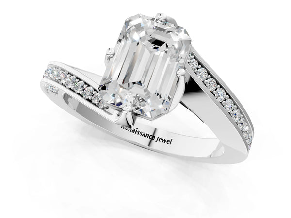 White Gold Emerald Cut Bypass Solitaire Engagement Ring Setting with Swirl Pave Band