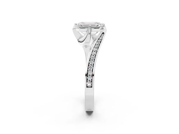 White Gold Emerald Cut Bypass Solitaire Engagement Ring Setting with Swirl Pave Band