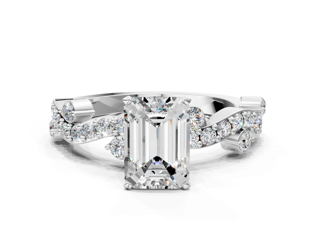 White gold Emerald Cut Solitaire Diamond Twisted Band with Pave Setting_122