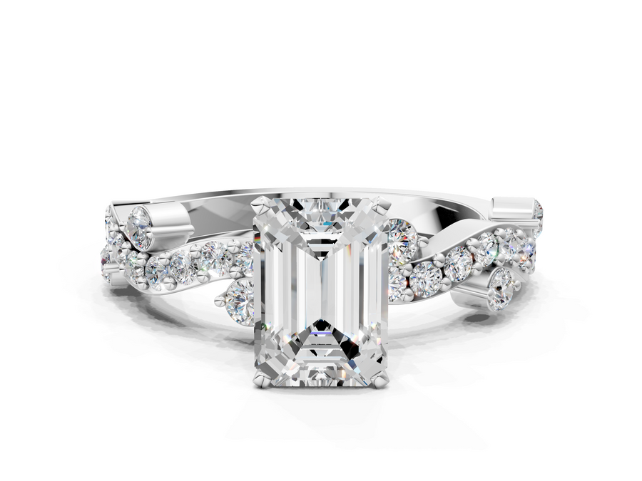 White gold Emerald Cut Solitaire Diamond Twisted Band with Pave Setting