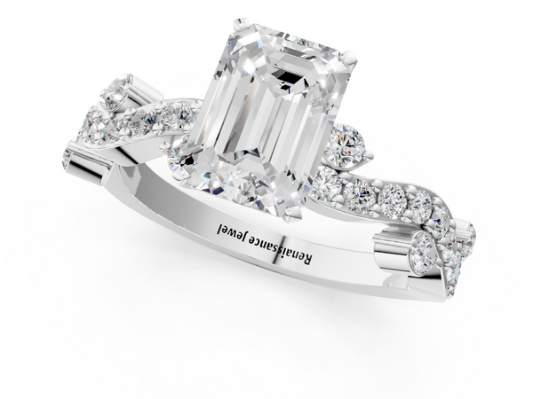 White gold Emerald Cut Solitaire Diamond Twisted Band with Pave Setting