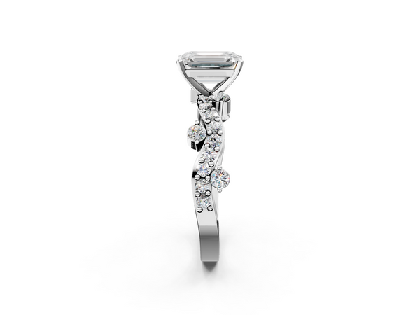 White gold Emerald Cut Solitaire Diamond Twisted Band with Pave Setting