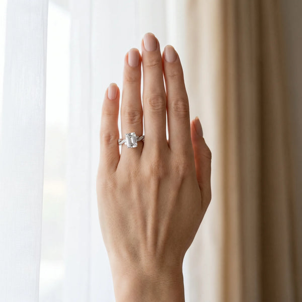 White gold Emerald Cut Solitaire Diamond Twisted Band with Pave Setting