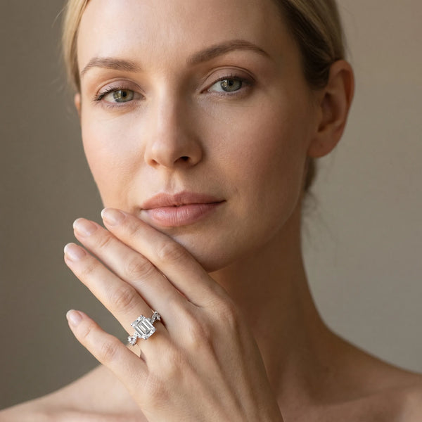 White gold Emerald Cut Solitaire Diamond Twisted Band with Pave Setting
