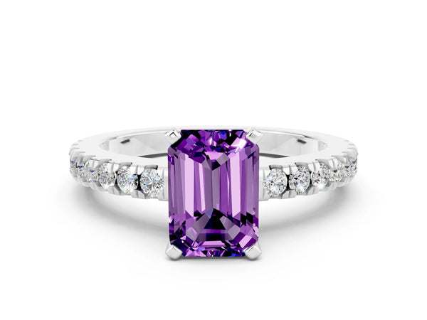 Platinum Emerald Cut Solitaire Amethyst with Pavé Band and Four-Prong Setting