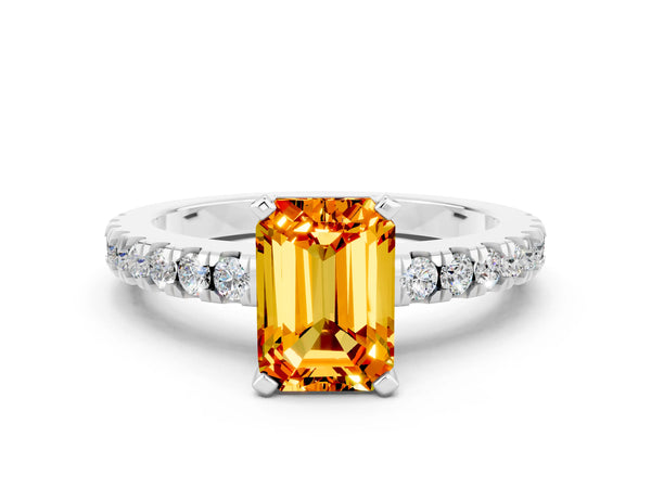 Silver Emerald Cut Solitaire Citrine with Pavé Band and Four-Prong Setting