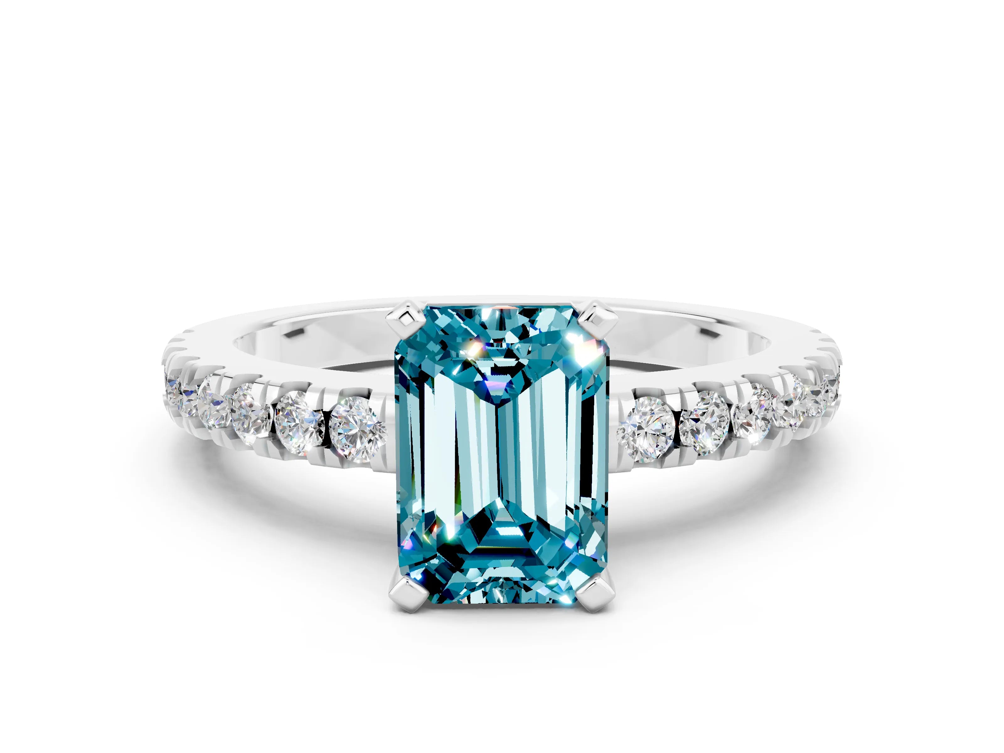 White gold Emerald Cut Solitaire Diamond with Pavé Band and Four-Prong Setting