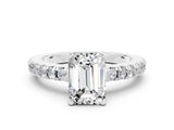 White gold Emerald Cut Solitaire Diamond with Pavé Band and Four-Prong Setting