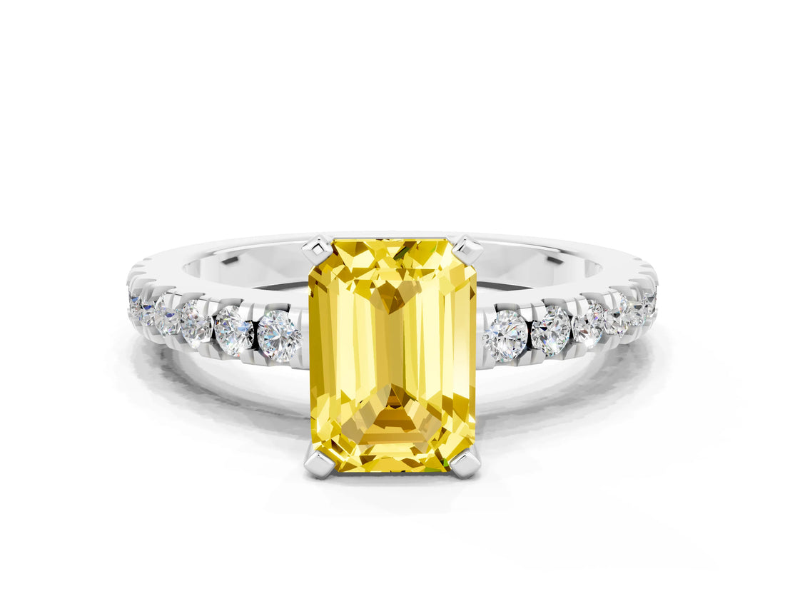 White gold Emerald Cut Solitaire Diamond with Pavé Band and Four-Prong Setting