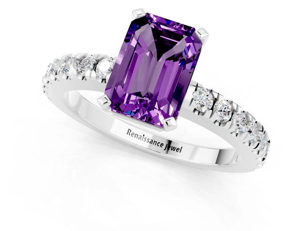 Platinum Emerald Cut Solitaire Amethyst with Pavé Band and Four-Prong Setting