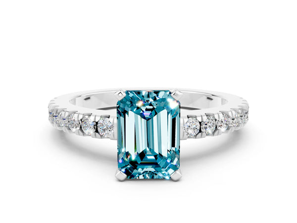 Platinum Emerald Cut Solitaire Blue Topaz with Pavé Band and Four-Prong Setting