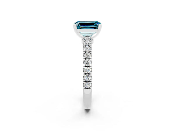 Platinum Emerald Cut Solitaire Blue Topaz with Pavé Band and Four-Prong Setting