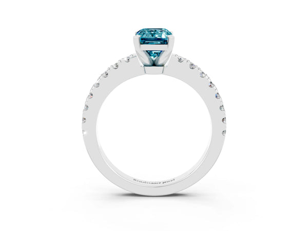 Silver Emerald Cut Solitaire Blue Topaz with Pavé Band and Four-Prong Setting