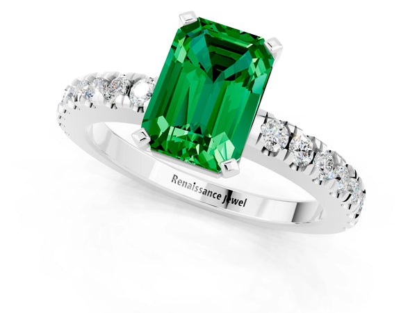 White gold Emerald Cut Solitaire Emerald with Pavé Band and Four-Prong Setting