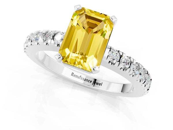 Silver Emerald Cut Solitaire Yellow Sapphire with Pavé Band and Four-Prong Setting