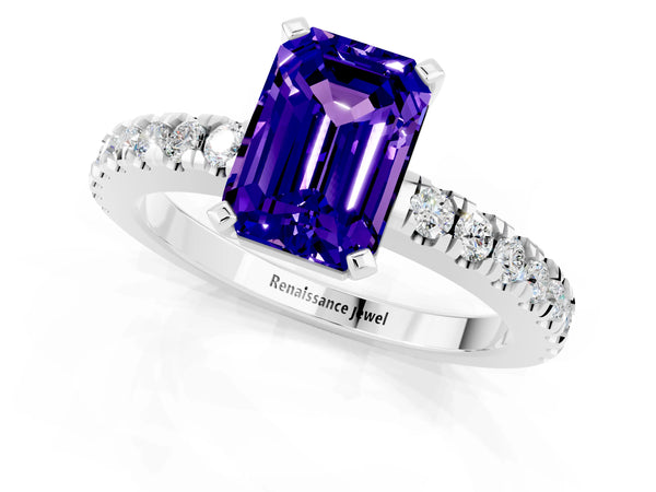 Silver Emerald Cut Solitaire Tanzanite with Pavé Band and Four-Prong Setting