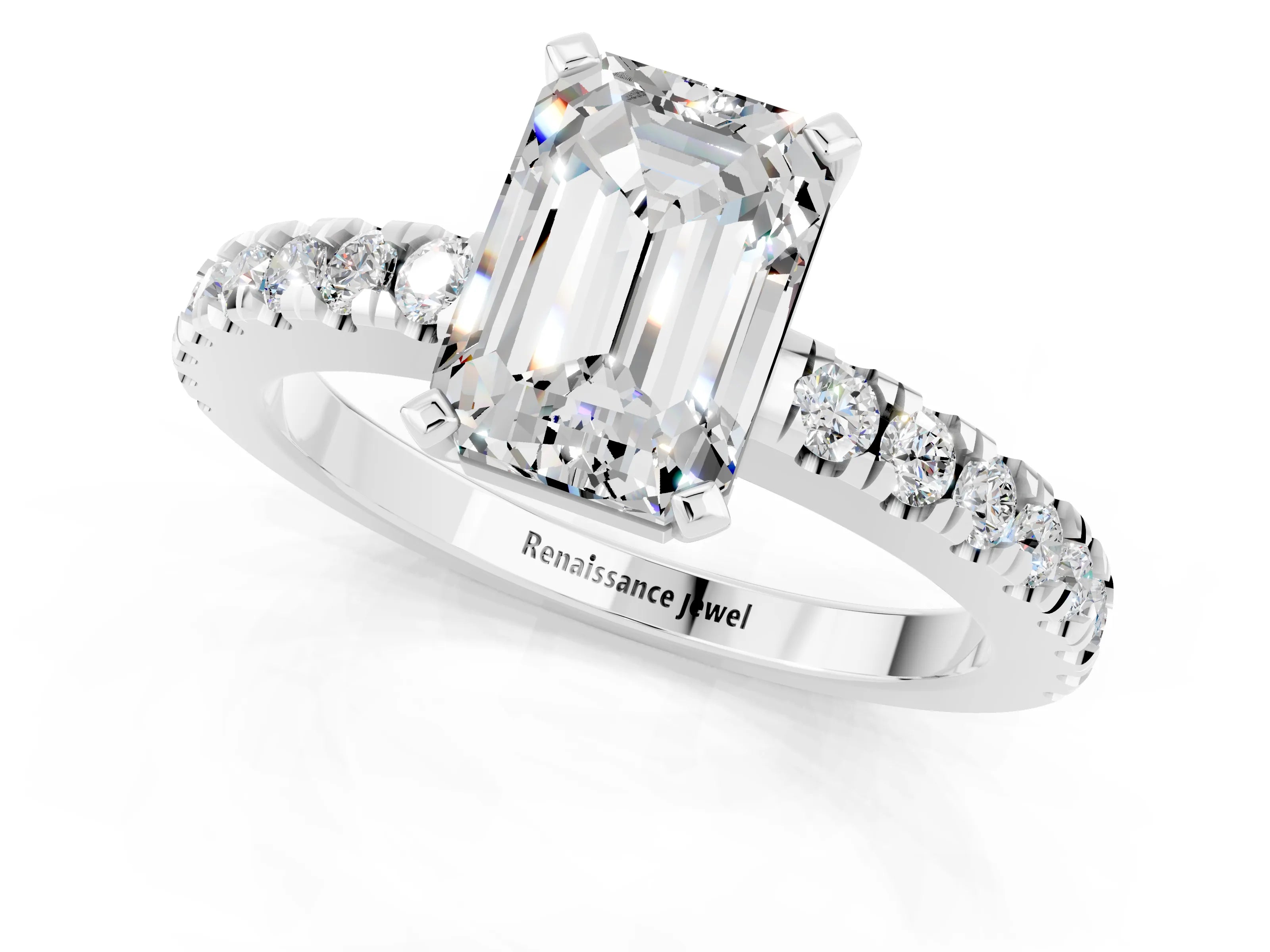 White gold Emerald Cut Solitaire Diamond with Pavé Band and Four-Prong Setting_1