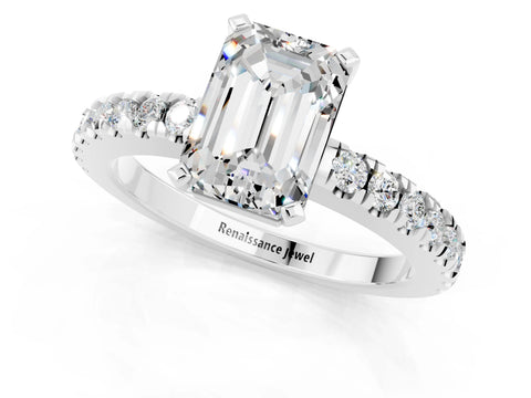 White gold Emerald Cut Solitaire Diamond with Pavé Band and Four-Prong Setting_1
