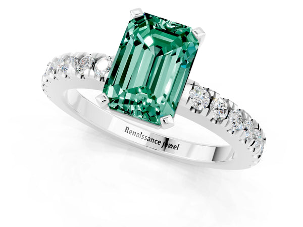 White gold Emerald Cut Solitaire Green Sapphire with Pavé Band and Four-Prong Setting