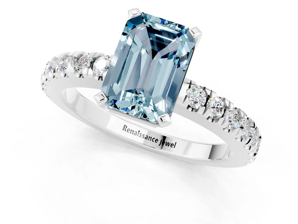 Platinum Emerald Cut Solitaire Aquamarine with Pavé Band and Four-Prong Setting