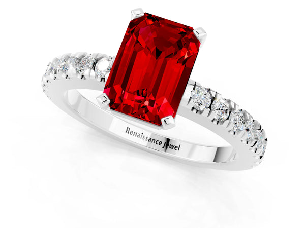 Platinum Emerald Cut Solitaire Ruby with Pavé Band and Four-Prong Setting
