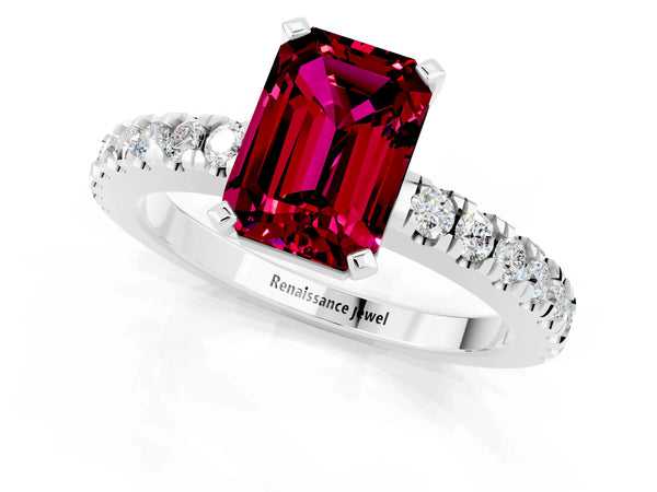 Platinum Emerald Cut Solitaire Garnet with Pavé Band and Four-Prong Setting