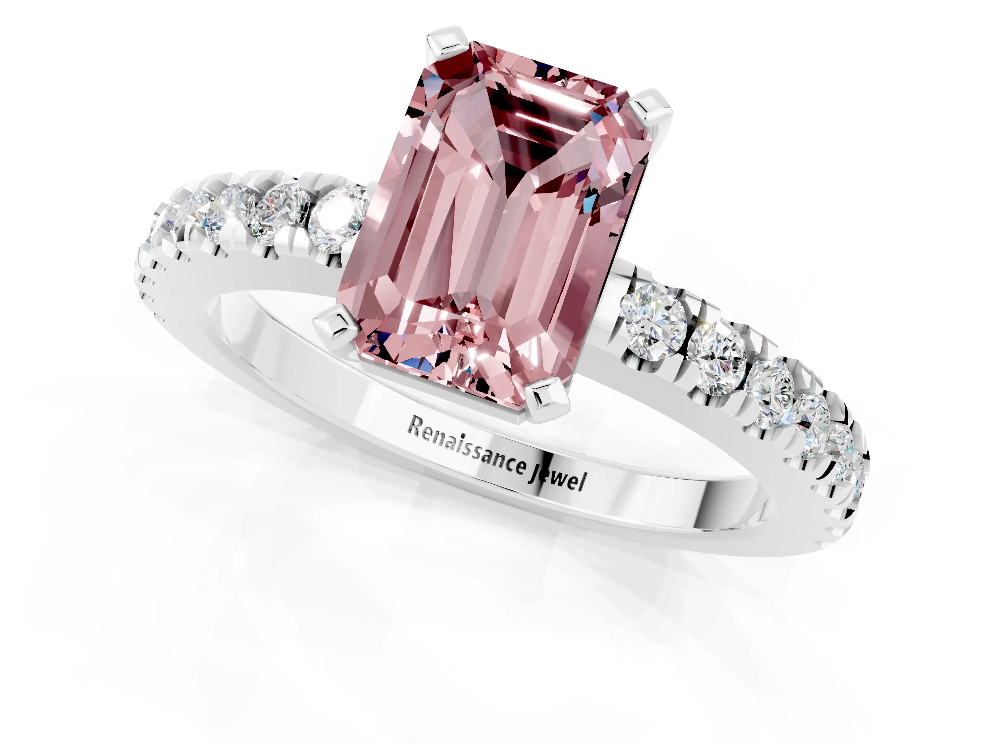 White gold Emerald Cut Solitaire Diamond with Pavé Band and Four-Prong Setting_1