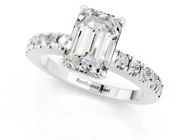 Platinum Emerald Cut Solitaire Moissanite with Pavé Band and Four-Prong Setting