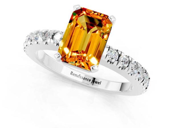White gold Emerald Cut Solitaire Citrine with Pavé Band and Four-Prong Setting