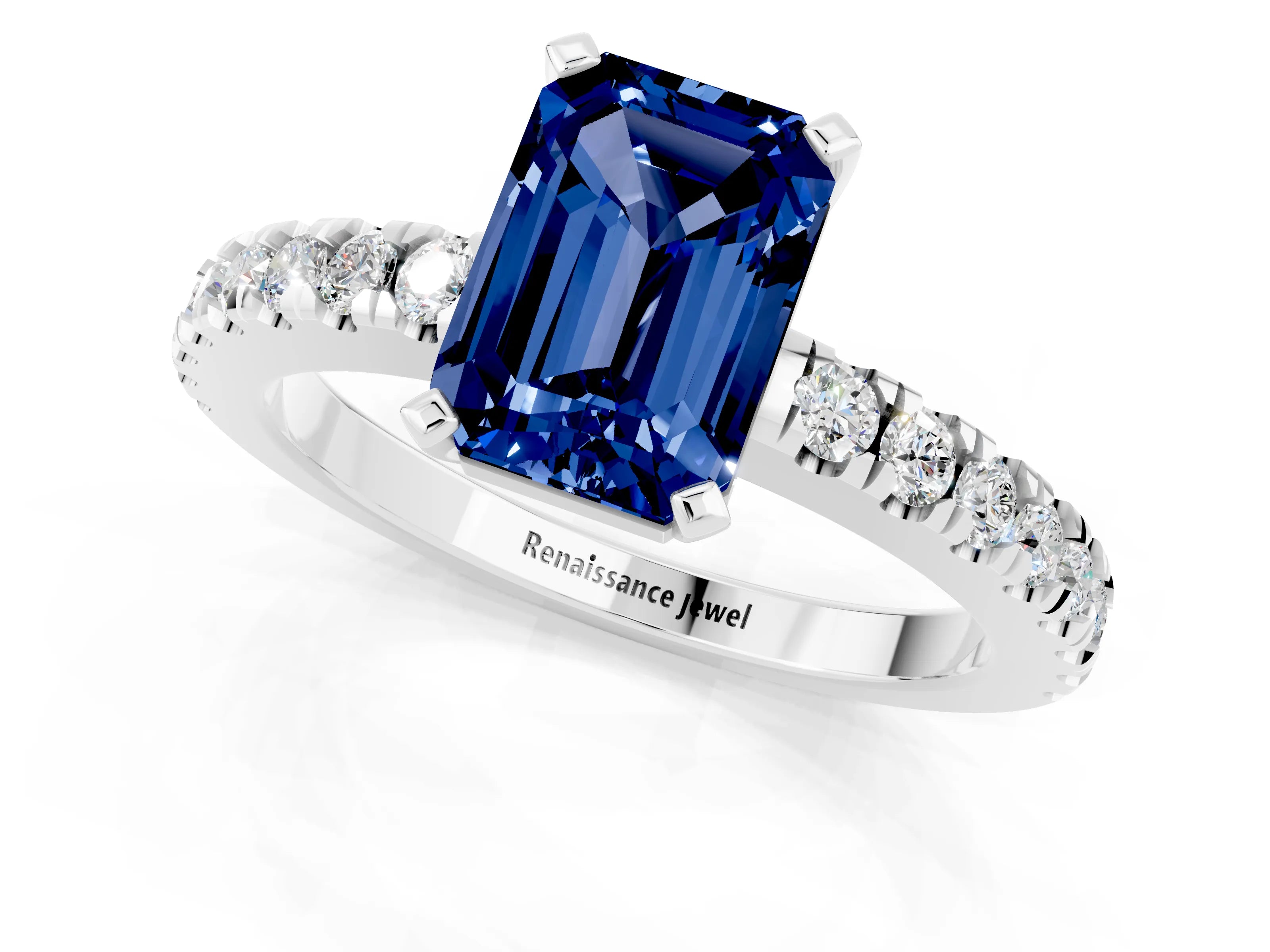 White gold Emerald Cut Solitaire Diamond with Pavé Band and Four-Prong Setting_1
