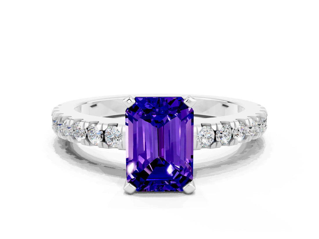 White gold Emerald Cut Solitaire Diamond with Pavé Band and Four-Prong Setting