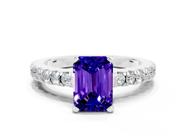 Silver Emerald Cut Solitaire Tanzanite with Pavé Band and Four-Prong Setting