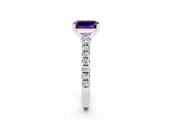 Platinum Emerald Cut Solitaire Amethyst with Pavé Band and Four-Prong Setting